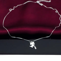 Sterling Silver Cute Kitten And Fish Necklace worn to showcase its length and pendant detail