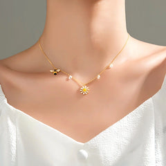 Sterling Silver Daisy Sunflower Bee Clavicle Necklaces - beautiful Sunflower Bee Necklace