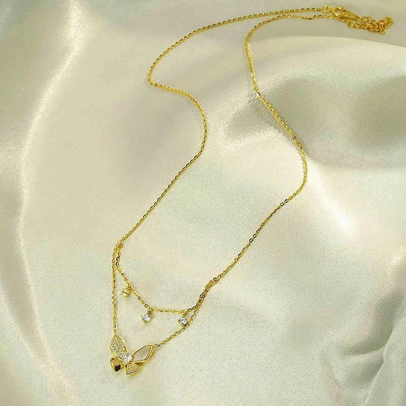 Detailed view of the Sterling Silver Diamond Double-Layer Butterfly Necklace chain and pendant