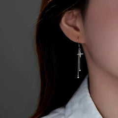 Sterling Silver Diamond Four-Pointed Star Bamboo Tassel Ear Hooks - elegant Dollar Symbol Necklace