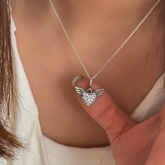 Sterling Silver Diamond Heart Angel Wing Necklace - beautiful Moissanite Stud Earrings