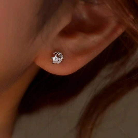 Sterling Silver Diamond Moon And Star Stud Earrings - elegant Pearl Fishtail Necklace