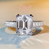 Ella18 Jewelry emerald cut pave band solitaire engagement ring (front view)