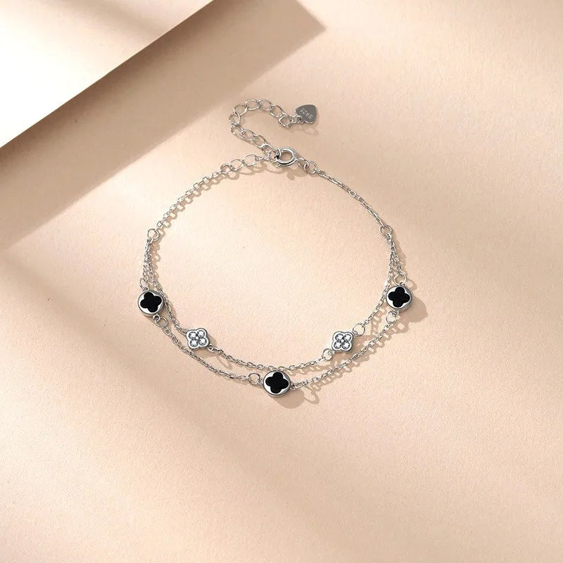 Sterling Silver Double-Layer Four-Leaf Clover Bracelets - chic Butterfly Tassel Earrings