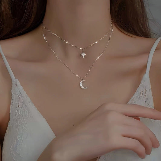 Sterling Silver Double-Layer Star Moon Necklace - beautiful Double Heart Earrings