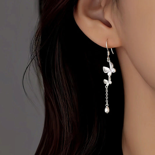 Sterling Silver Double Butterfly Ear Hook Tassel Earrings - elegant Diamond Threader Earrings