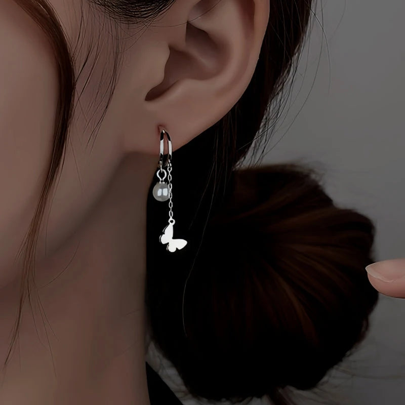 Sterling Silver Double Later Butterfly Pearl Earrings - elegant Double-Layer Necklace