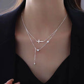 Sterling Silver Double Layer Stacked Cross Pearl Necklaces - beautiful Pink Tulip Earrings