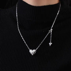 Sterling Silver Elegant Heart Necklace worn to showcase its length and pendant detail