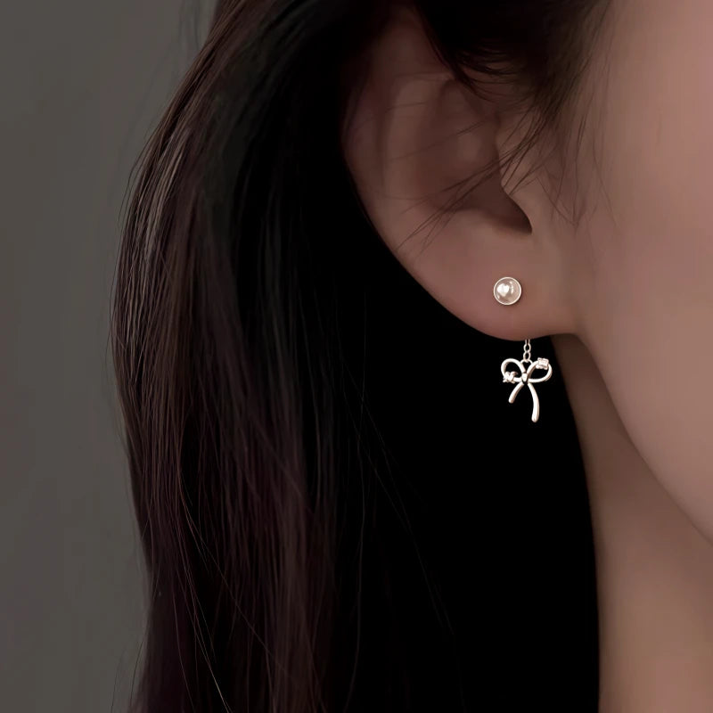 Sterling Silver Elegant Zircon Diamond Bow Pearl Earrings - elegant Bow Pearl Earrings