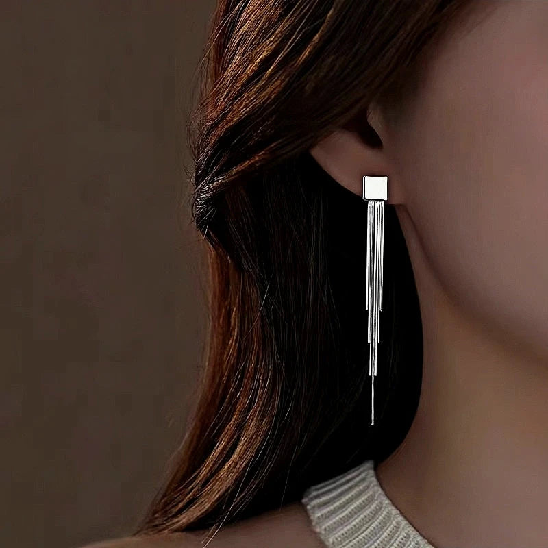 Sterling Silver Geometric Square Tassel Earrings - elegant Square Tassel Earrings