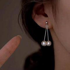 Sterling Silver Hanging Double-Pearl Earrings - elegant Double Pearl Earrings