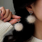 Sterling Silver Heart Hair Ball Earrings - elegant Heart Pom Pom Earrings