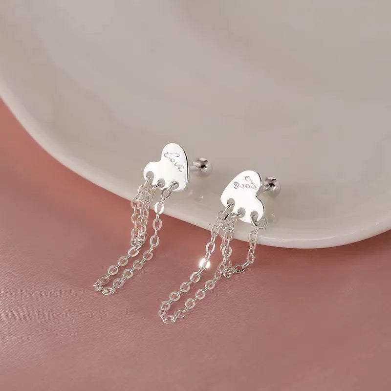 Sterling Silver Heart Tassel Earrings - elegant Heart Tassel Earrings
