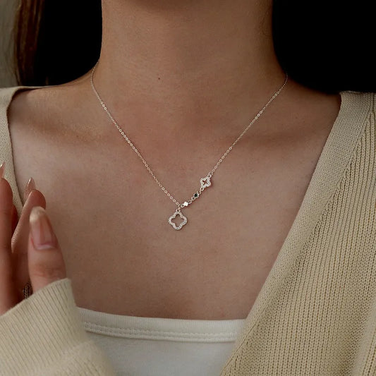 Sterling Silver Hollow Four-Leaf Flower Necklace - beautiful Clover Flower Necklace