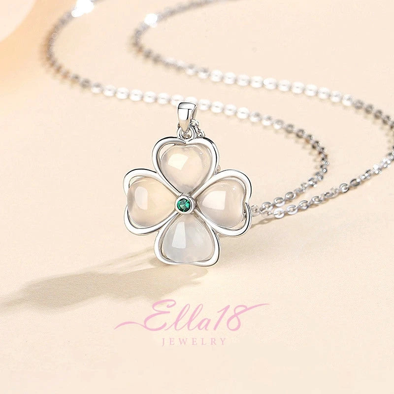 Detailed view of the Sterling Silver Hollow Love Four-Leaf Clover Necklaces chain and pendant