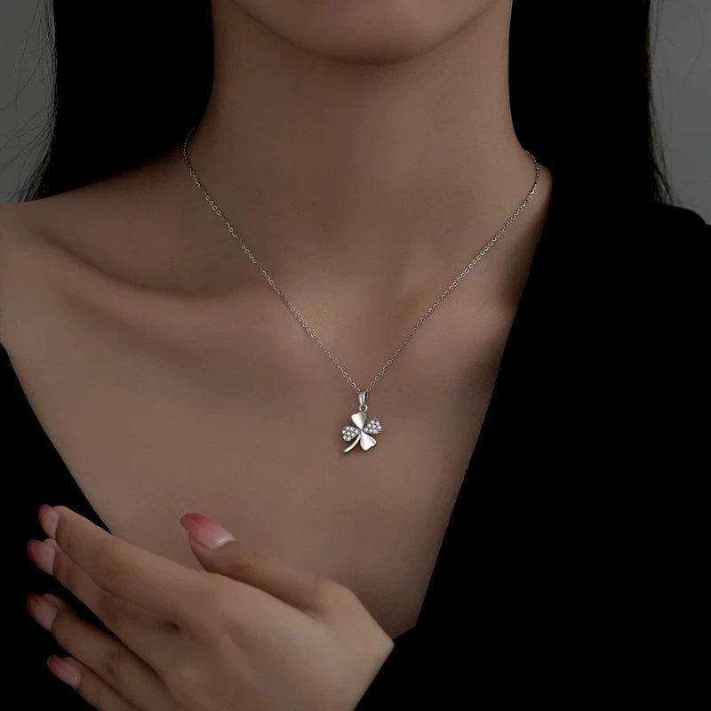 Detailed view of the Sterling Silver Lucky Four-Leaf Clover Necklace chain and pendant