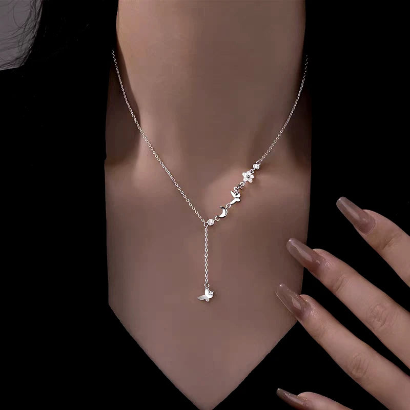 Sterling Silver Luxury Butterfly And Moon Tassel Necklace - beautiful Love Angel Wing Necklace