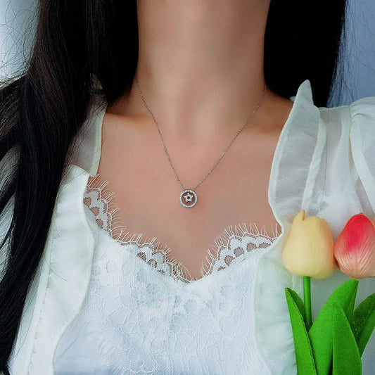 Sterling Silver Luxury Diamond Circle Star Necklace - beautiful Double Ring Necklace