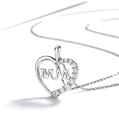 Sterling Silver Luxury Diamond Heart-Design MUM Necklace worn to showcase its length and pendant detail