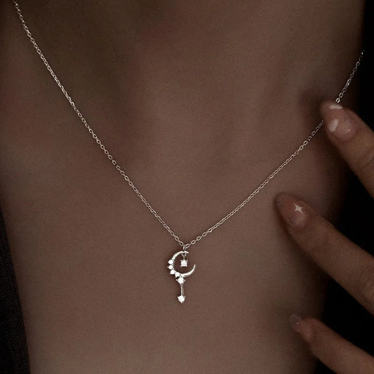 Sterling Silver Luxury Diamond Moon Pendant Necklace - beautiful Cute Cat Ring