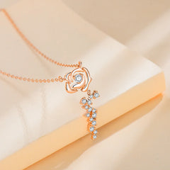 Detailed view of the Sterling Silver Luxury Diamond Rose Necklace chain and pendant
