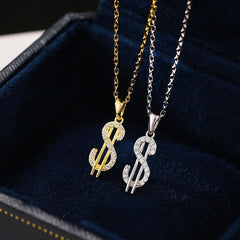 Sterling Silver Luxury Dollar Symbol Pendant Necklace worn to showcase its length and pendant detail