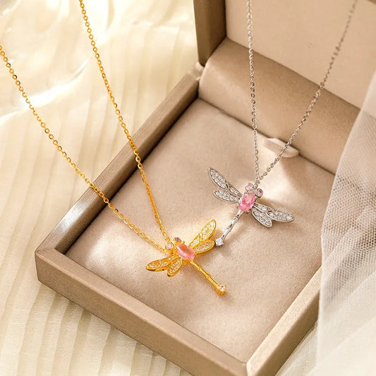 Sterling Silver Luxury Dragonfly Pink Zircon Diamond Necklace - beautiful Diamond Clover Necklace