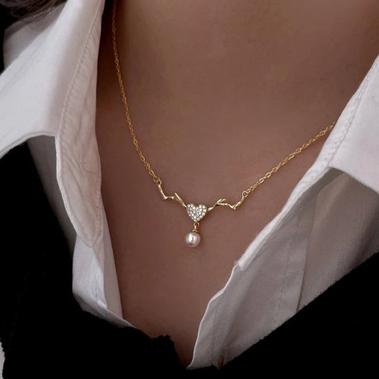 Sterling Silver Luxury Elk Diamond Heart Pearl Necklace - beautiful Mum Necklace