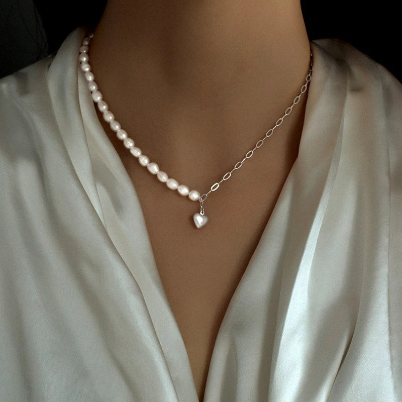 Sterling Silver Luxury Natural Freshwater Pearl Heart Necklace worn to showcase its length and pendant detail
