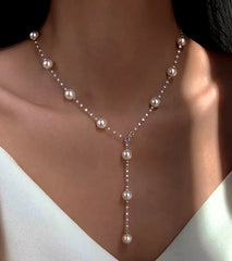 Sterling Silver Luxury Pearl Necklace worn to showcase its length and pendant detail