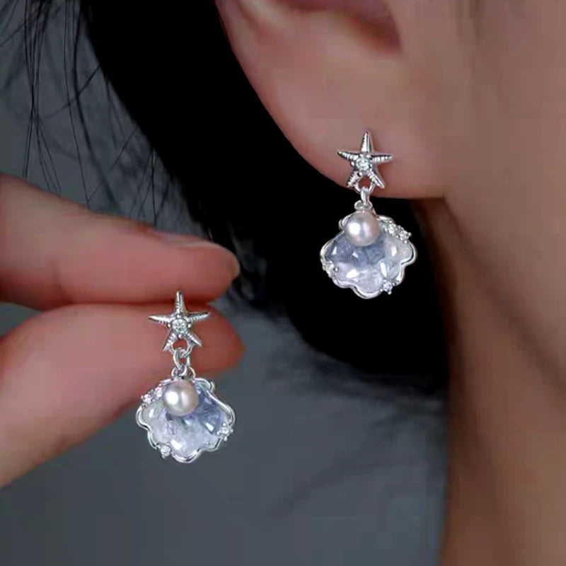 Sterling Silver Luxury Starfish Shell Pearl Earrings - elegant Starfish Pearl Earrings