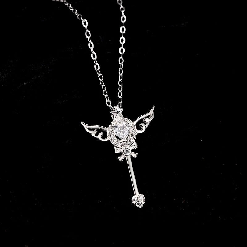 Sterling Silver Luxury Zircon Angel Wing Fairy Wand Necklace - beautiful Angel Wing Necklace