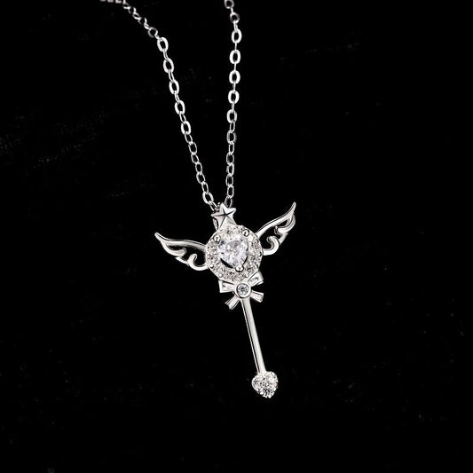 Sterling Silver Luxury Zircon Angel Wing Fairy Wand Necklace - beautiful Angel Wing Necklace