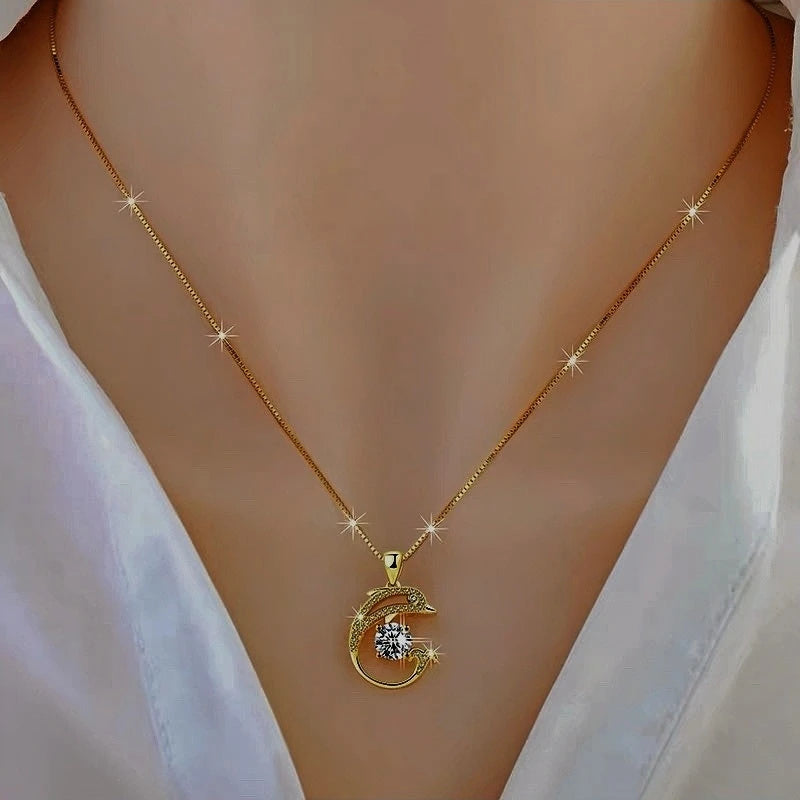 Sterling Silver Luxury Zircon Dolphin Clavicle Necklace worn to showcase its length and pendant detail