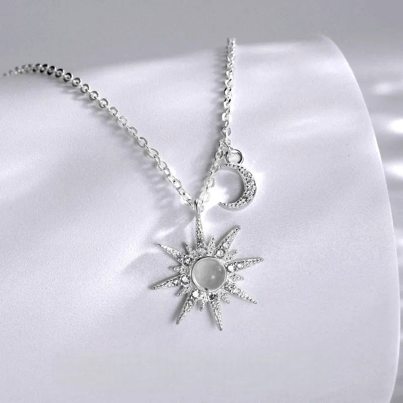 Sterling Silver Luxury Zircon Star And Moon Necklace worn to showcase its length and pendant detail