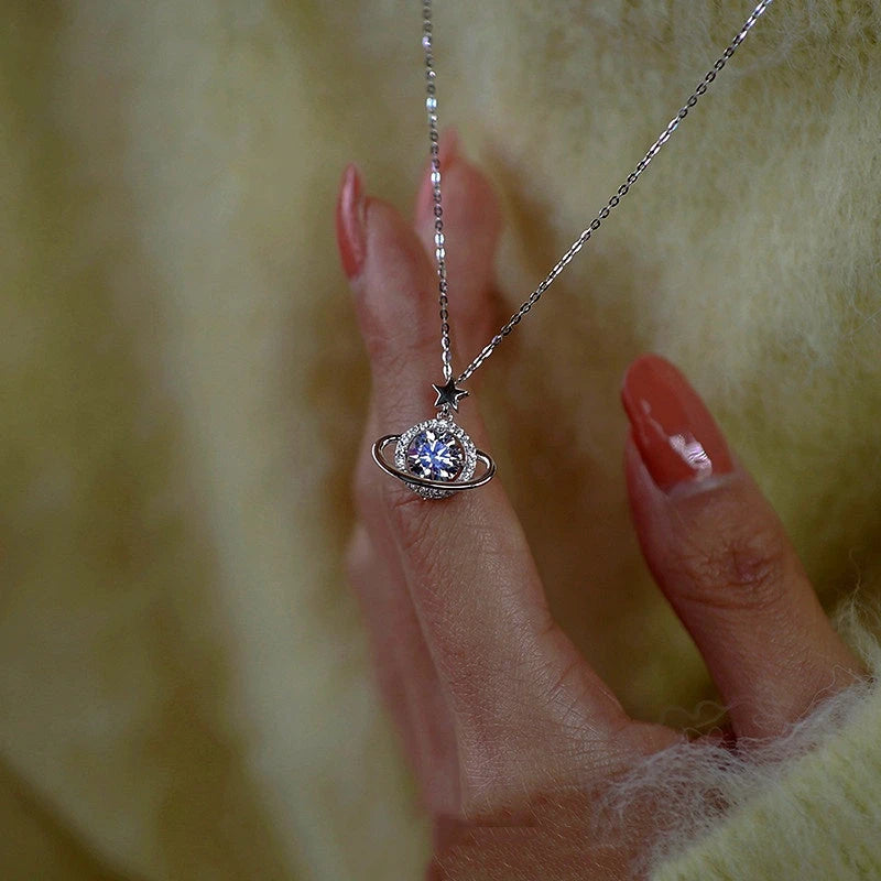 Sterling Silver Luxury planet Surrounded By Moissanite Necklaces worn to showcase its length and pendant detail