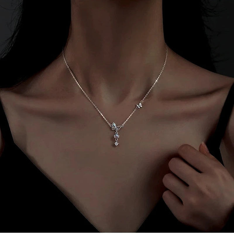 Sterling Silver Moonstone Butterfly Tassel Necklace - beautiful Moonstone Butterfly Necklace