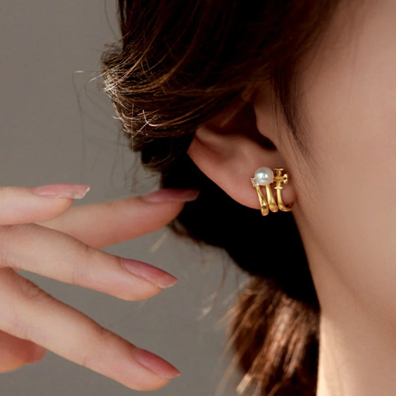 Sterling Silver Multi-Layer Pearl Studs - elegant Multi-Layer Pearl Studs