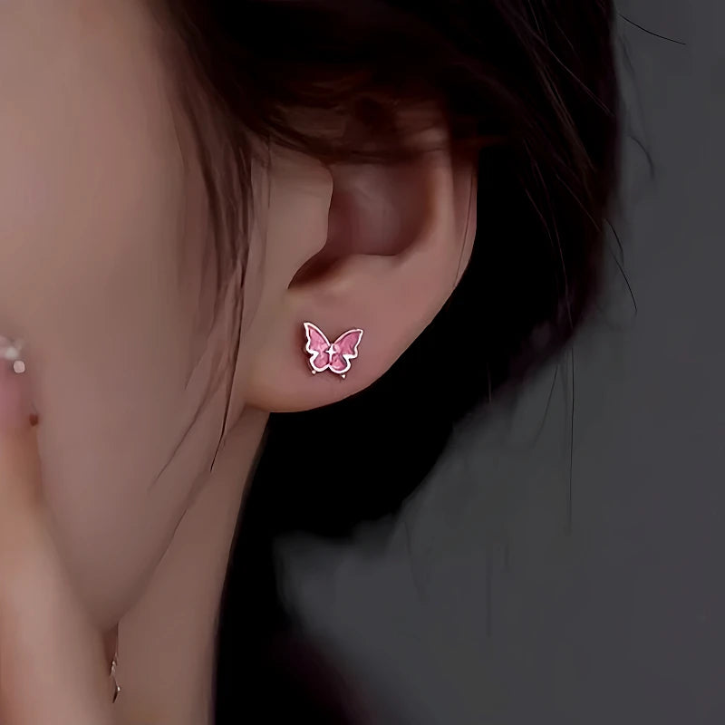 Sterling Silver Pink Butterfly Stud Earrings - elegant Pink Butterfly Studs