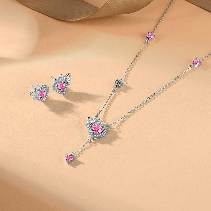 Sterling Silver Pink Diamond Hear Bow Earrings And Necklace Set - beautiful Bow Jewelry Set