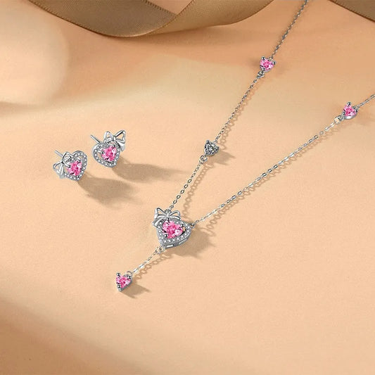 Sterling Silver Pink Diamond Hear Bow Earrings And Necklace Set - beautiful Bow Jewelry Set