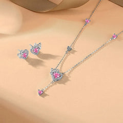 Sterling Silver Pink Diamond Hear Bow Earrings And Necklace Set - beautiful Bow Jewelry Set