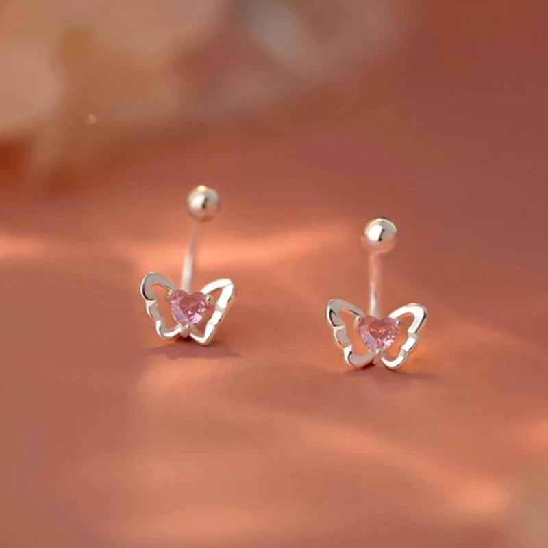 Sterling Silver Pink Diamond Heart Butterfly Screw Earrings - elegant Butterfly Ear Jackets