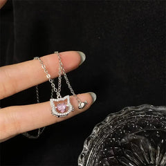 Sterling Silver Pink Kitten Necklace worn to showcase its length and pendant detail