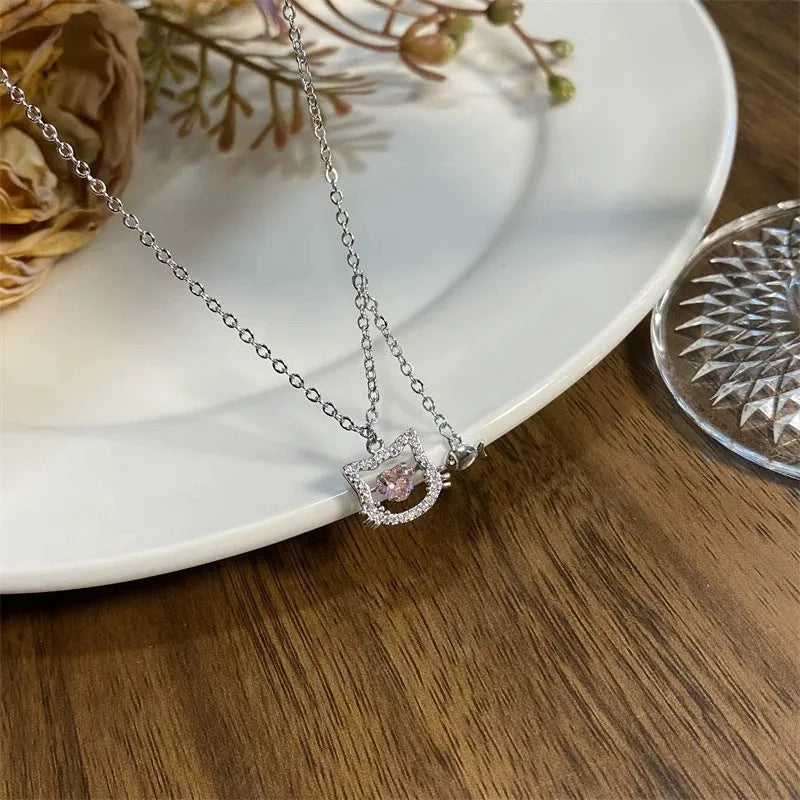 Detailed view of the Sterling Silver Pink Kitten Necklace chain and pendant