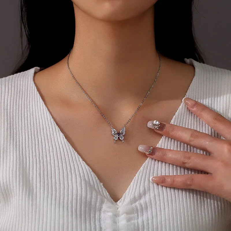Sterling Silver Purple Diamond Heart Butterfly Necklace - beautiful Butterfly Heart Necklace