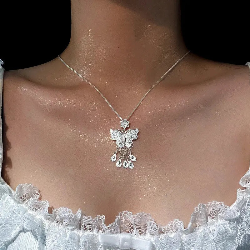 Sterling Silver S999 Sweet Flower Butterfly Tassel Earrings - beautiful Butterfly Tassel Necklace (*Correction: Handle and original tags imply necklace, not earrings*)