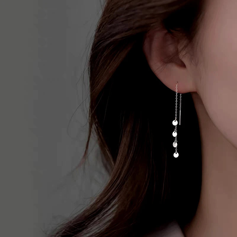 Sterling Silver Small Disc Tassel Threader Earrings - elegant Disc Tassel Earrings