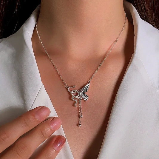 Sterling Silver Snake And Butterfly Tassel Necklace - beautiful Snake Butterfly Necklace